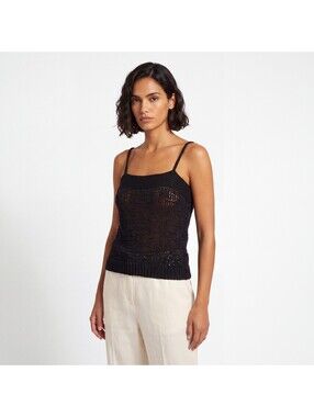 A New Day Black Open Knit Crochet Tank Top M Sweater Cami Sheer Textured EUC